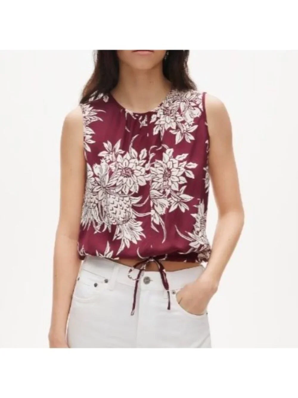 NWT J.Crew Drawstring-Waist Tank Top XL Pineapple Garden Sateen Cropped Tropical